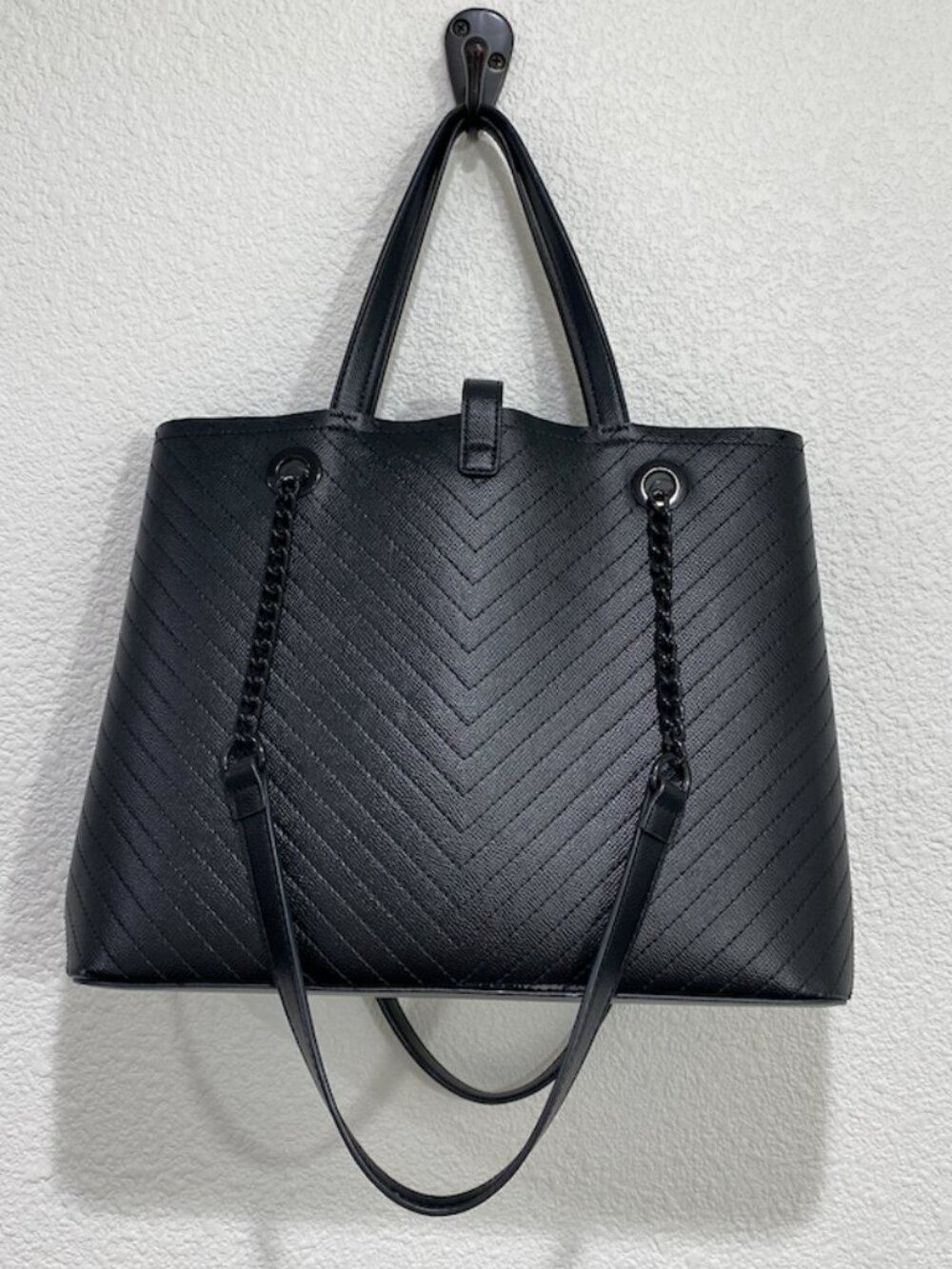 Aldo Black Chevron Quilted Tote Bag Shoulder Handbag Minimalist Work Size OS - Picture 4 of 13